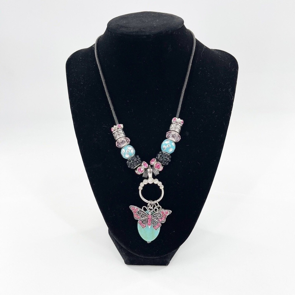 Butterfly Necklace Crystal Pink Wings Pendant Gift Charm Turquoise 16" Bohemian